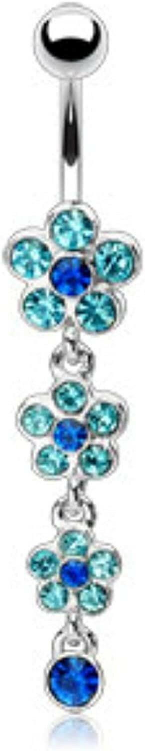 Surgical Steel Flower Petal Gem Paved Dangle with Gemmed Flower Belly Navel Ring Navel Ring Impulse Piercings Blue