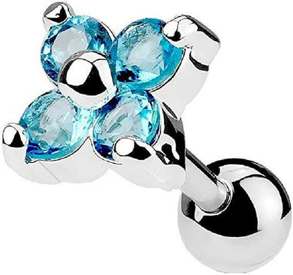 Surgical Steel Flower Quad CZ Tragus Cartilage Piercing Stud Barbells Cartilage Earring Impulse Piercings Aqua