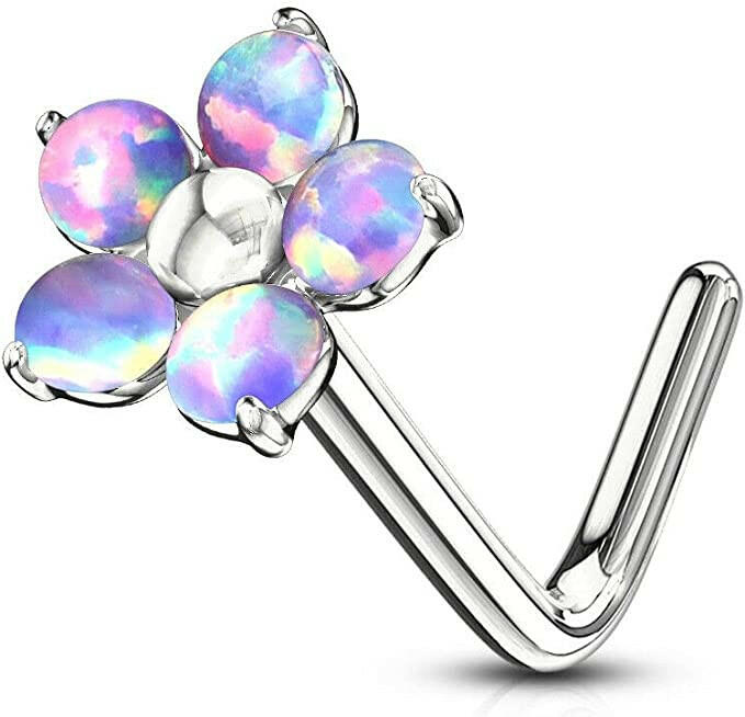 Surgical Steel Flower with 5 Opal Petals L Bend Nose Ring Nose Ring Impulse Piercings Purple