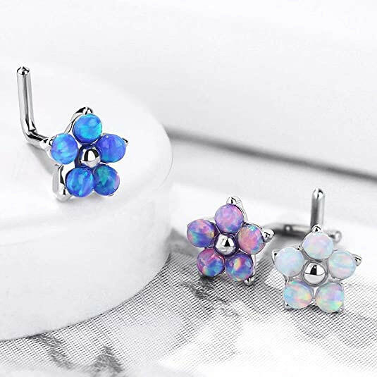 Surgical Steel Flower with 5 Opal Petals L Bend Nose Ring Nose Ring Impulse Piercings