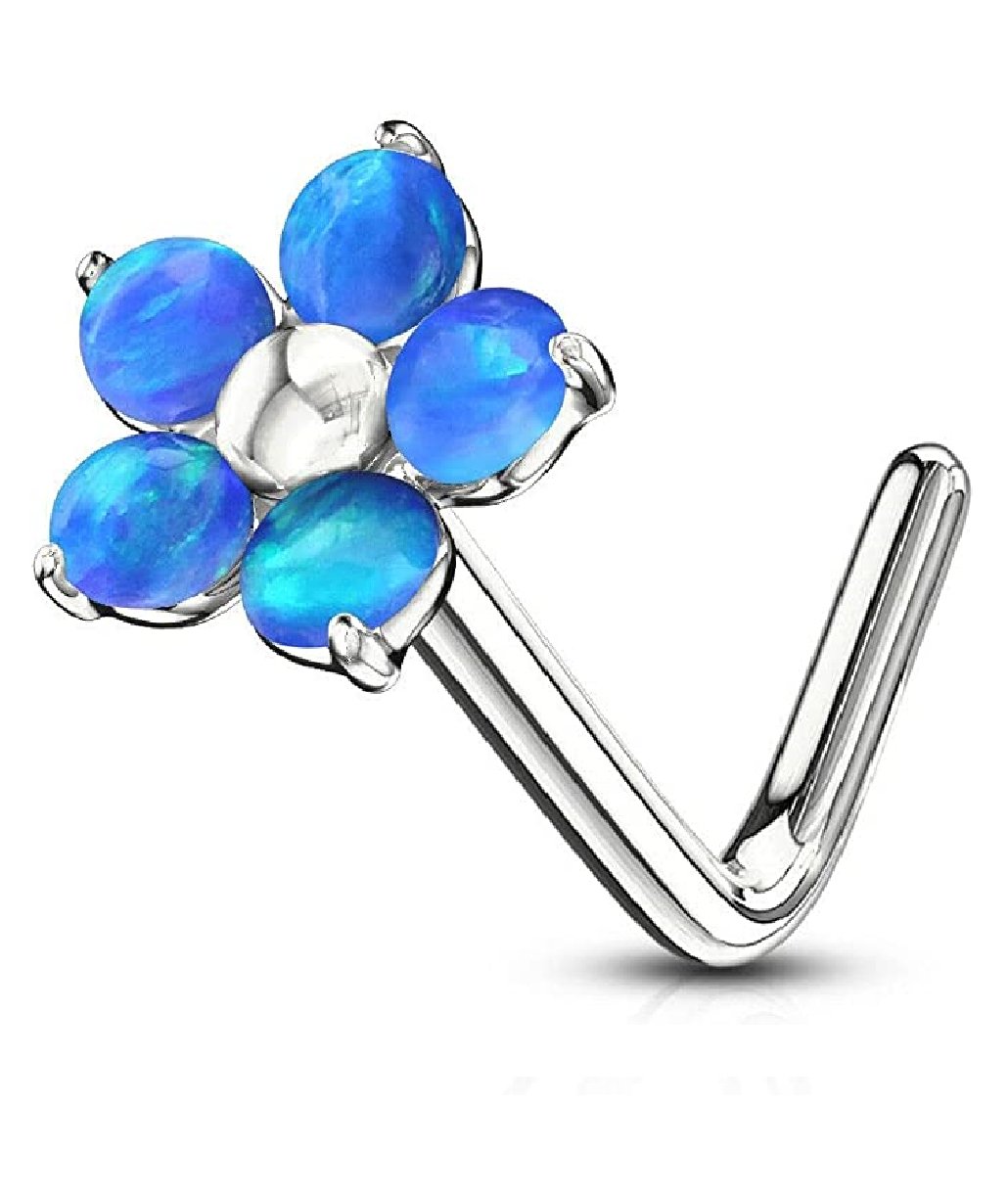 Surgical Steel Flower with 5 Opal Petals L Bend Nose Ring Nose Ring Impulse Piercings Blue