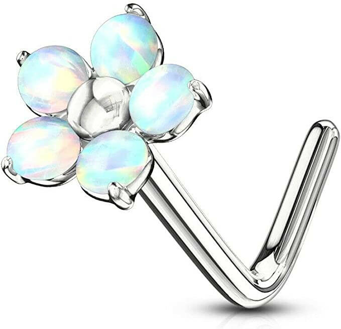 Surgical Steel Flower with 5 Opal Petals L Bend Nose Ring Nose Ring Impulse Piercings White