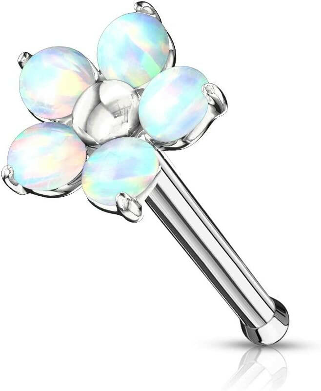 Surgical Steel Flower with 5 Opal Petals Nose Bone Stud Rings Nose Ring Impulse Piercings White