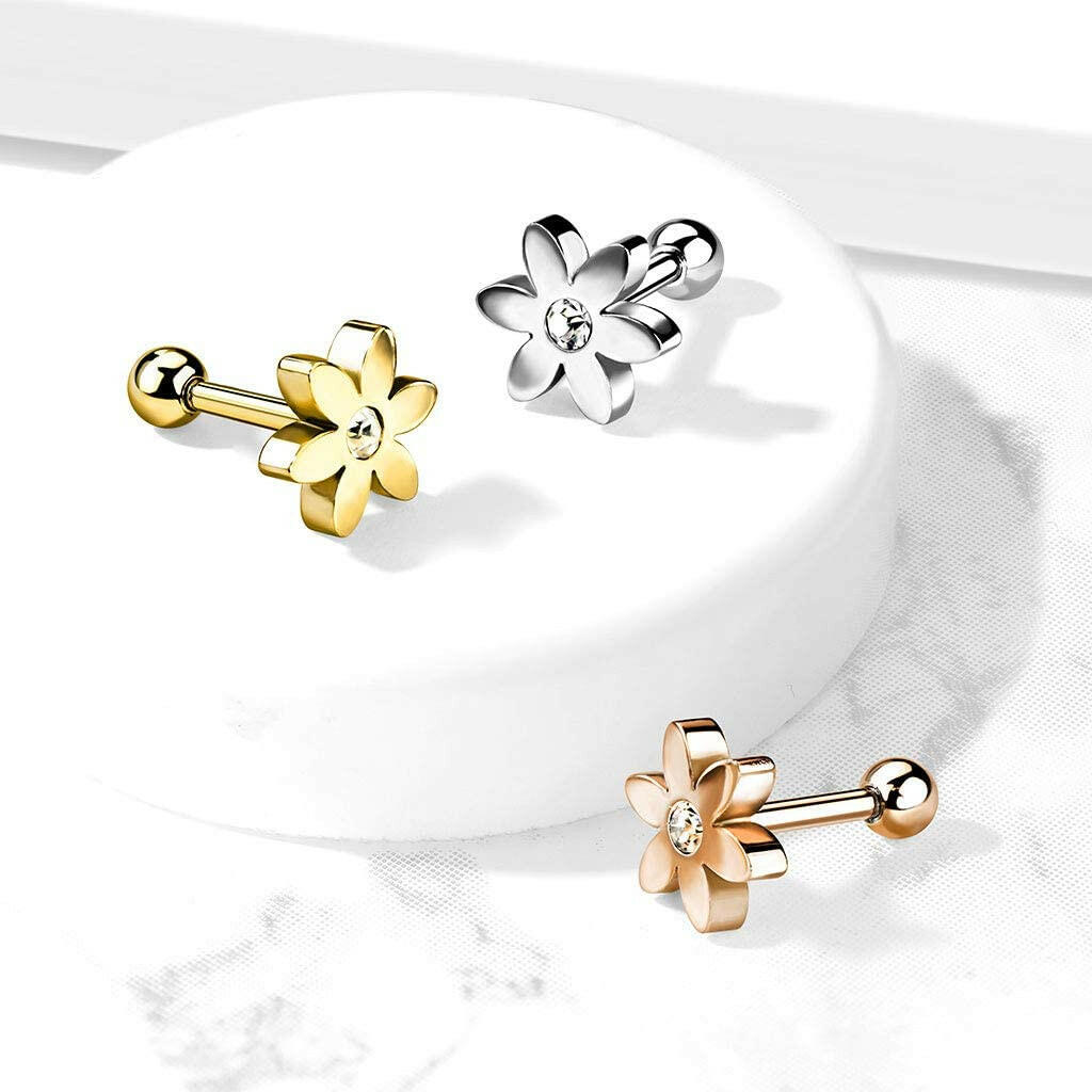 Surgical Steel Flower with CZ Solitaire Cartilage Tragus Barbell Stud Cartilage Impulse Piercings