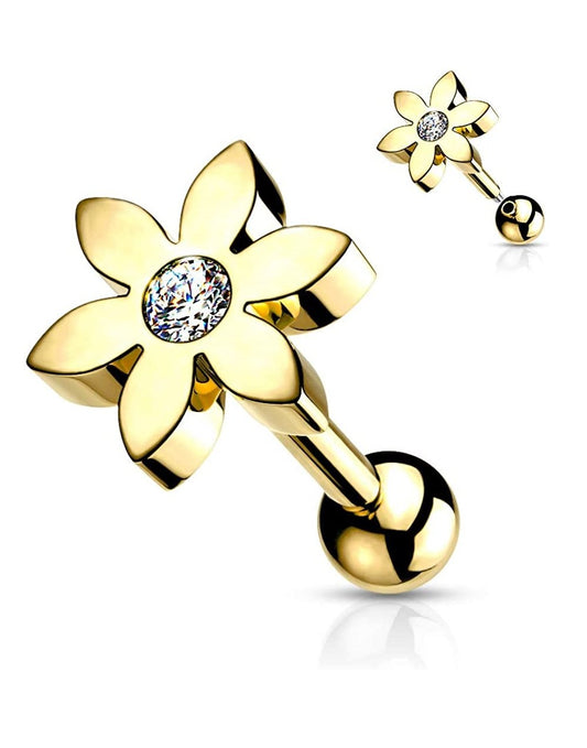 Surgical Steel Flower with CZ Solitaire Cartilage Tragus Barbell Stud Cartilage Impulse Piercings Gold