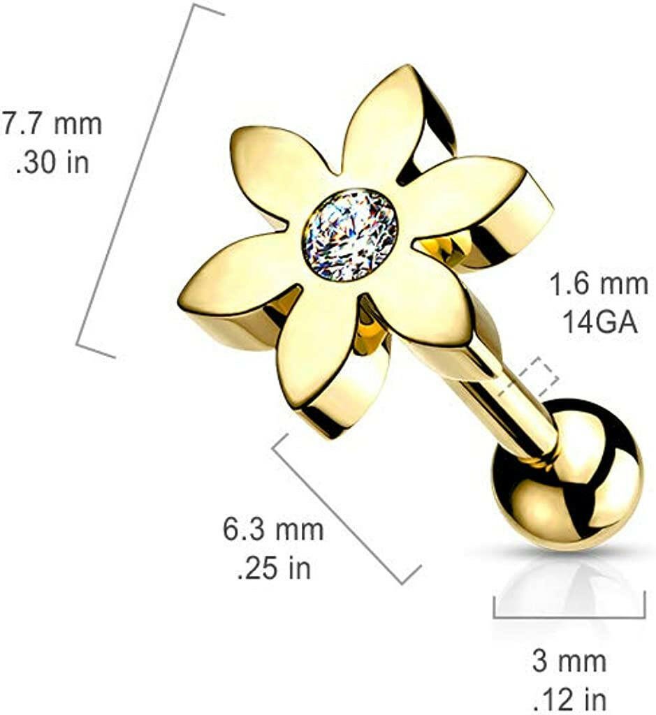 Surgical Steel Flower with CZ Solitaire Cartilage Tragus Barbell Stud Cartilage Impulse Piercings