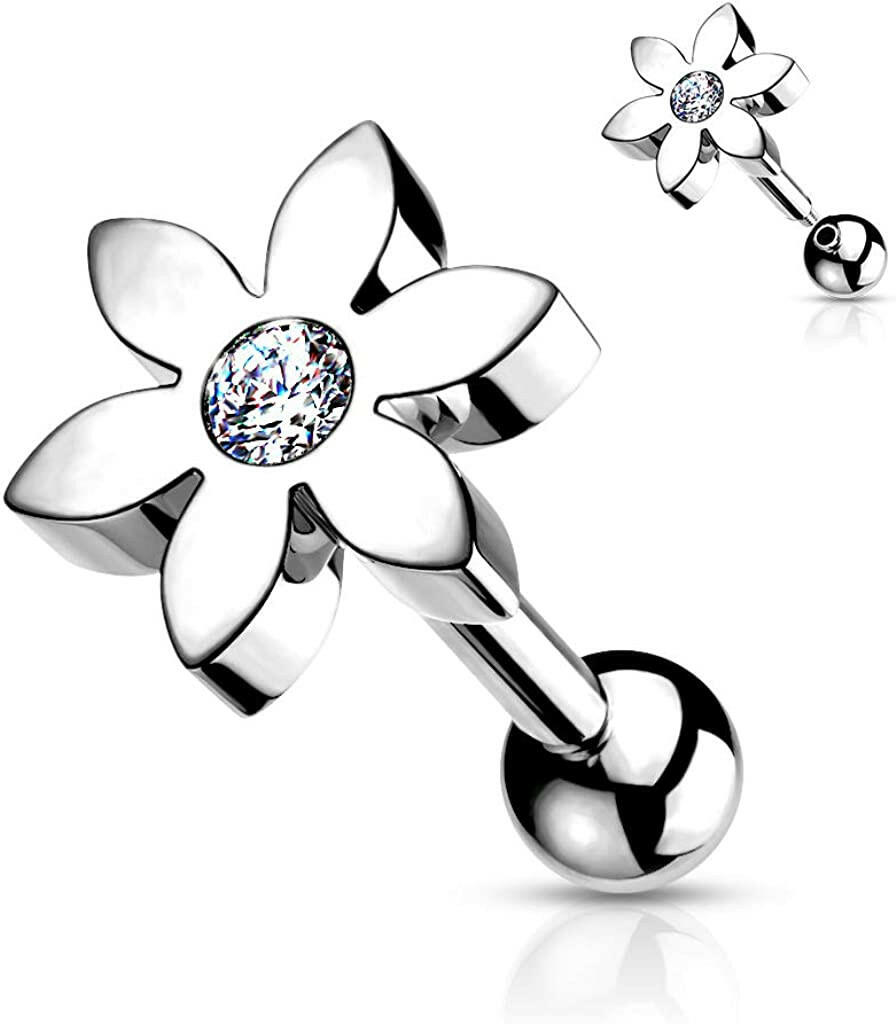 Surgical Steel Flower with CZ Solitaire Cartilage Tragus Barbell Stud Cartilage Impulse Piercings Steel