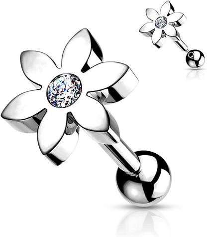 Surgical Steel Flower with CZ Solitaire Cartilage Tragus Barbell Stud Cartilage Impulse Piercings Steel