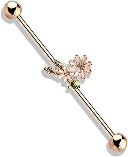 Surgical Steel Flowers and Leaves Industrial Barbell Industrial Barbell Impulse Piercings Rose Gold