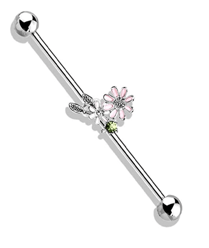 Surgical Steel Flowers and Leaves Industrial Barbell Industrial Barbell Impulse Piercings Clear