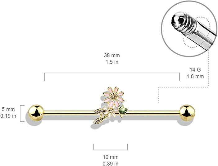 Surgical Steel Flowers and Leaves Industrial Barbell Industrial Barbell Impulse Piercings