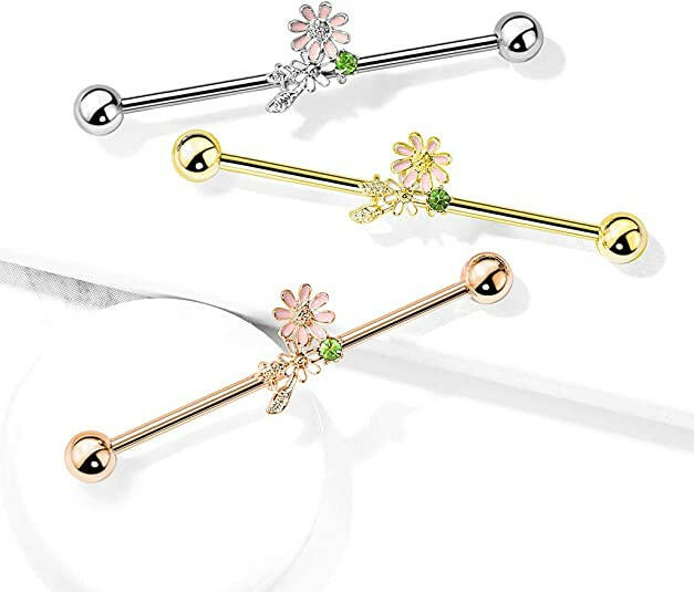 Surgical Steel Flowers and Leaves Industrial Barbell Industrial Barbell Impulse Piercings