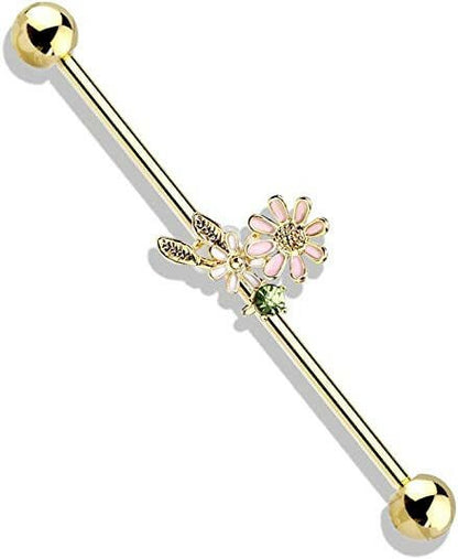 Surgical Steel Flowers and Leaves Industrial Barbell Industrial Barbell Impulse Piercings Gold