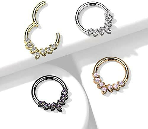 Surgical Steel Forward Facing 7 CZ Leaves Hinged Segment Ring Cartilage Impulse Piercings