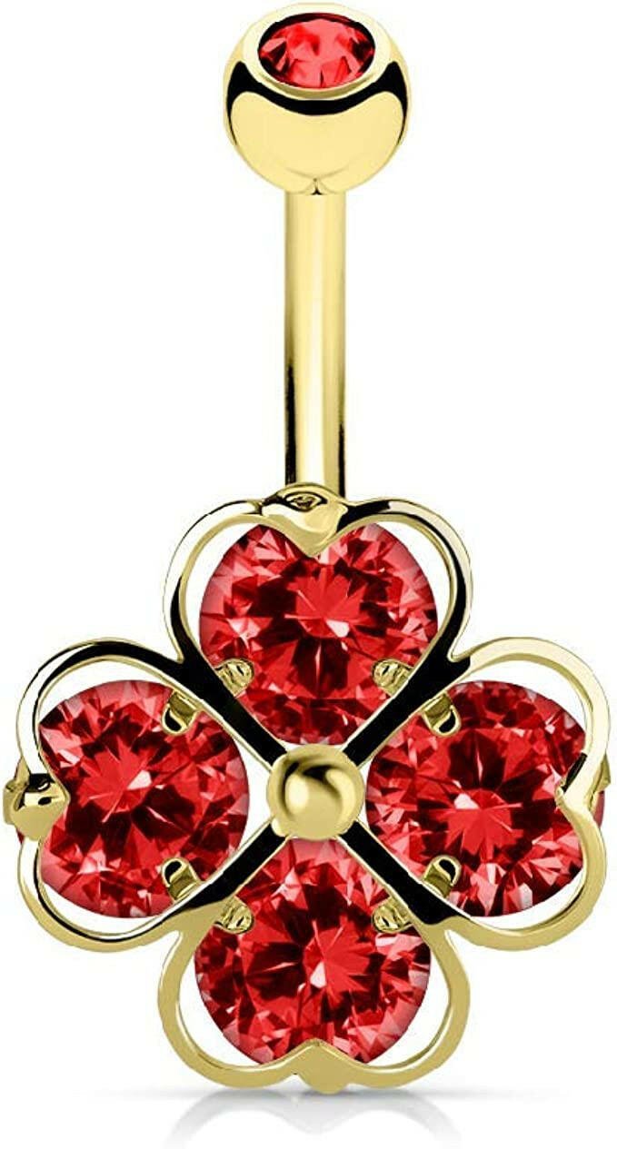 Surgical Steel Four CZ Heart Shamrock Belly Navel Ring Navel Ring Impulse Piercings Red