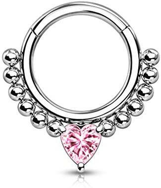 Surgical Steel Front Facing Heart CZ with beads Hinged Segment Hoop Ring Nose Ring, cartilage ring Impulse Piercings Pink