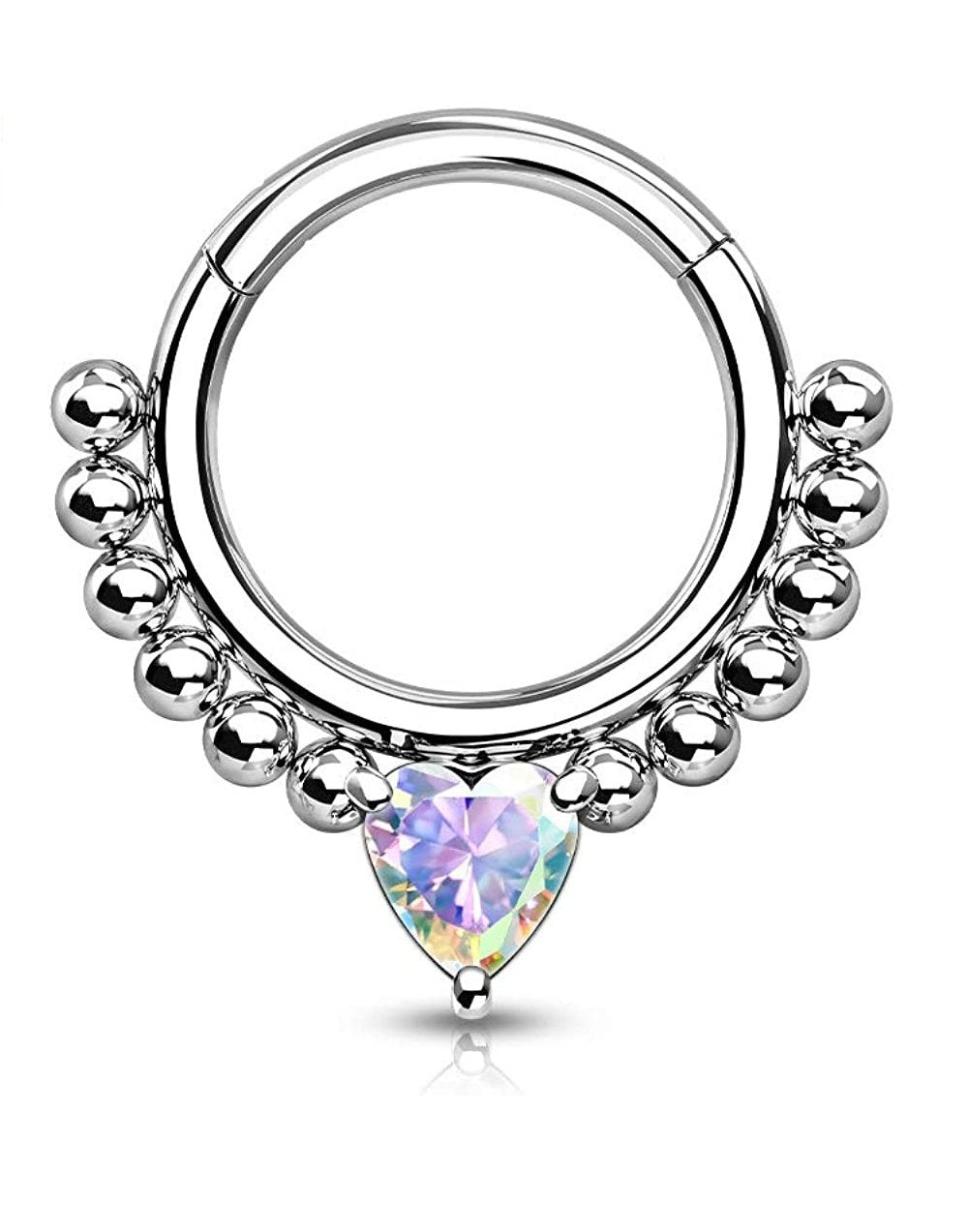 Surgical Steel Front Facing Heart CZ with beads Hinged Segment Hoop Ring Nose Ring, cartilage ring Impulse Piercings Aurora Borealis