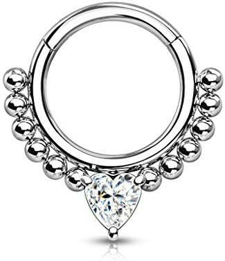 Surgical Steel Front Facing Heart CZ with beads Hinged Segment Hoop Ring Nose Ring, cartilage ring Impulse Piercings Clear