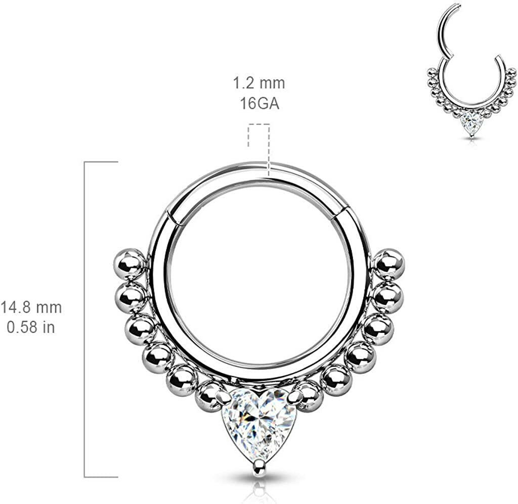 Surgical Steel Front Facing Heart CZ with beads Hinged Segment Hoop Ring Nose Ring, cartilage ring Impulse Piercings