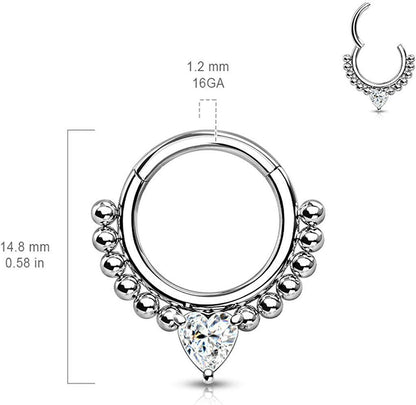 Surgical Steel Front Facing Heart CZ with beads Hinged Segment Hoop Ring Nose Ring, cartilage ring Impulse Piercings