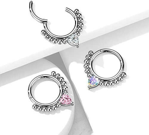 Surgical Steel Front Facing Heart CZ with beads Hinged Segment Hoop Ring Nose Ring, cartilage ring Impulse Piercings