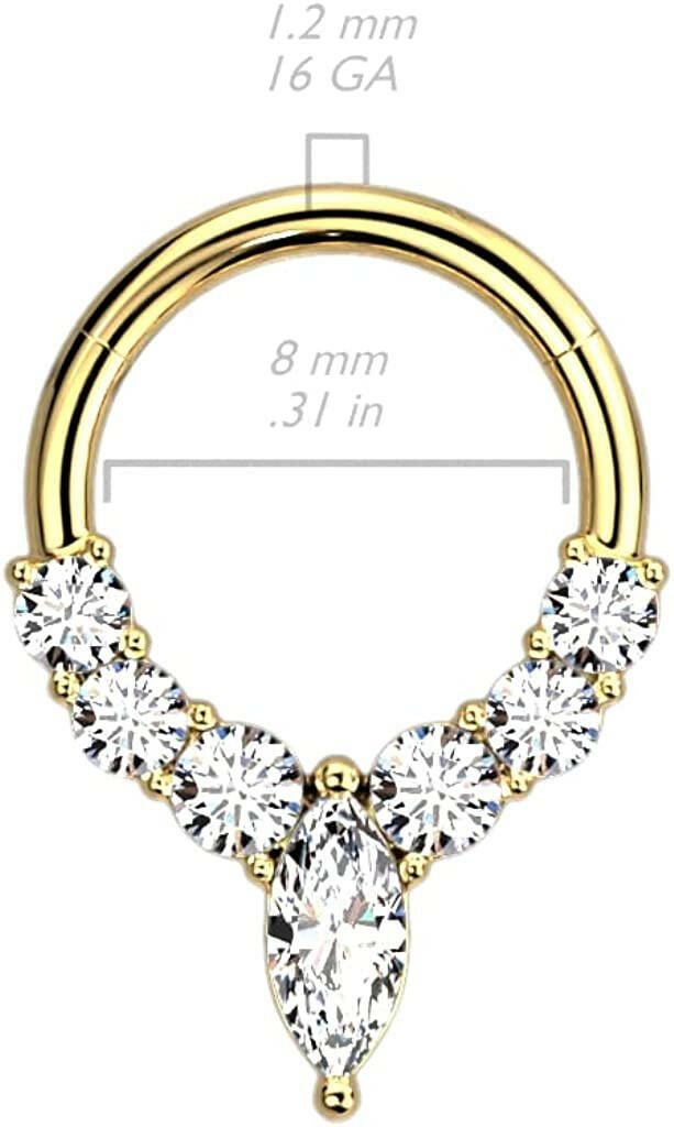 Surgical Steel Front Facing Single Lined CZ and Marquise Center CZ Hinged Segment Ring Cartilage Impulse Piercings