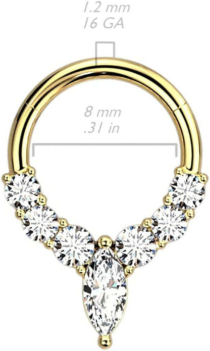 Surgical Steel Front Facing Single Lined CZ and Marquise Center CZ Hinged Segment Ring Cartilage Impulse Piercings