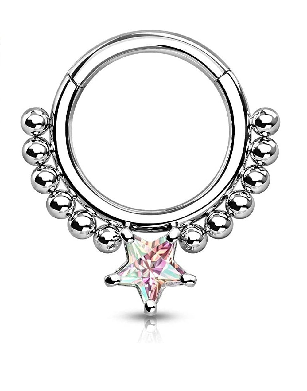 Surgical Steel Front Facing Star CZ with beads Hinged Segment Hoop Ring Nose Ring, cartilage ring Impulse Piercings Aurora Borealis