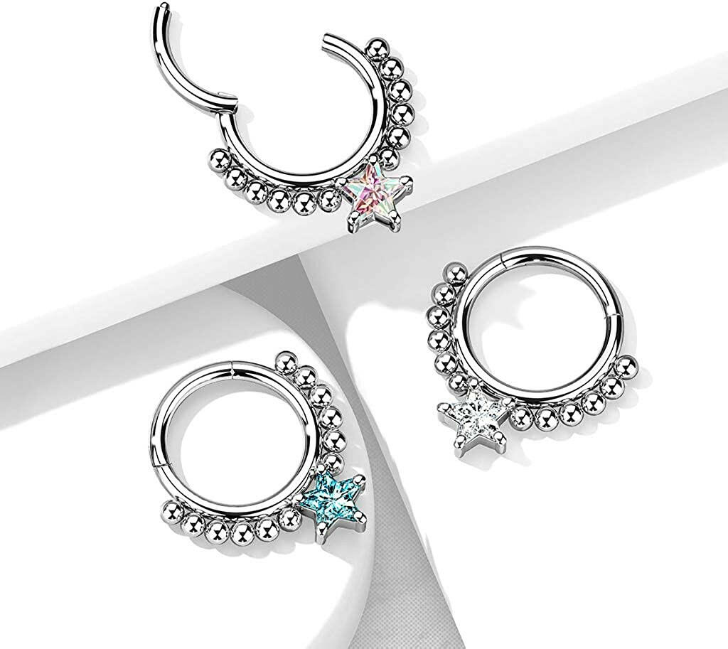 Surgical Steel Front Facing Star CZ with beads Hinged Segment Hoop Ring Nose Ring, cartilage ring Impulse Piercings