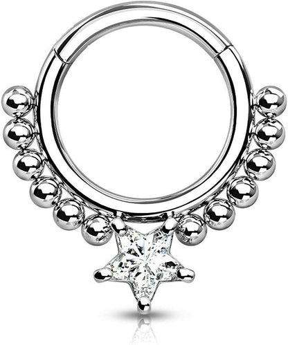 Surgical Steel Front Facing Star CZ with beads Hinged Segment Hoop Ring Nose Ring, cartilage ring Impulse Piercings Clear