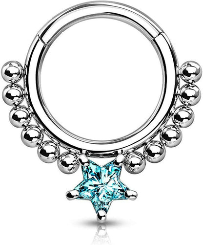 Surgical Steel Front Facing Star CZ with beads Hinged Segment Hoop Ring Nose Ring, cartilage ring Impulse Piercings Aqua