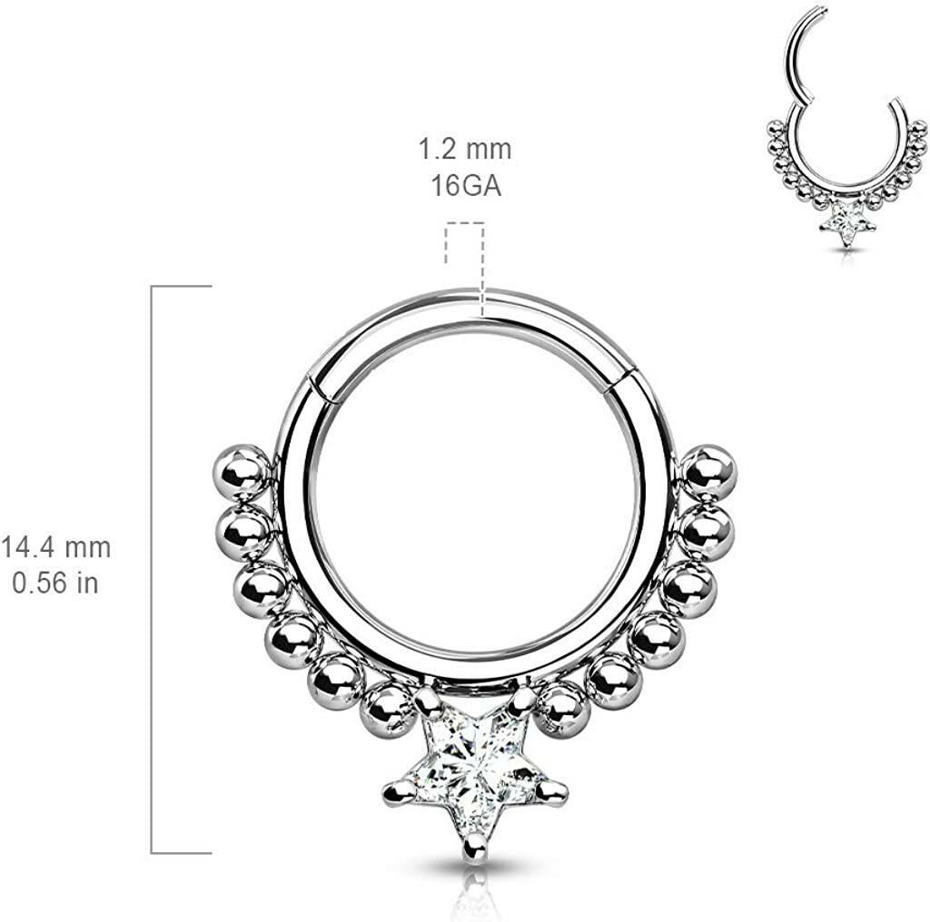 Surgical Steel Front Facing Star CZ with beads Hinged Segment Hoop Ring Nose Ring, cartilage ring Impulse Piercings