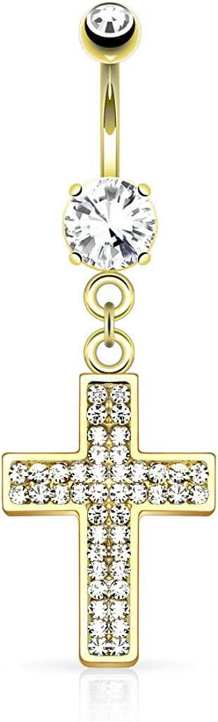 Surgical Steel Gem Paved Cross Dangle Belly Navel Ring Navel Ring Impulse Piercings Gold