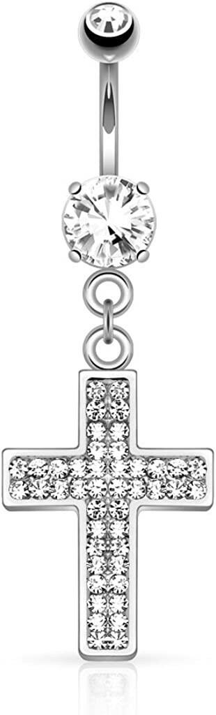 Surgical Steel Gem Paved Cross Dangle Belly Navel Ring Navel Ring Impulse Piercings Clear