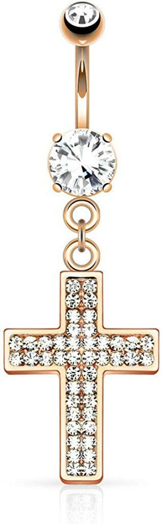 Surgical Steel Gem Paved Cross Dangle Belly Navel Ring Navel Ring Impulse Piercings Rose Gold