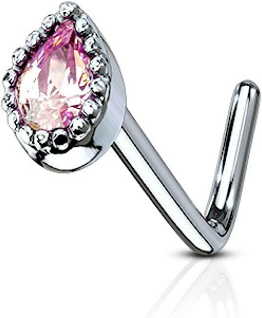 Surgical Steel Gem Set Tear Drop L Bend Nose Stud Rings Nose Ring Impulse Piercings Pink