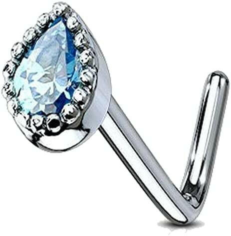 Surgical Steel Gem Set Tear Drop L Bend Nose Stud Rings Nose Ring Impulse Piercings Aqua