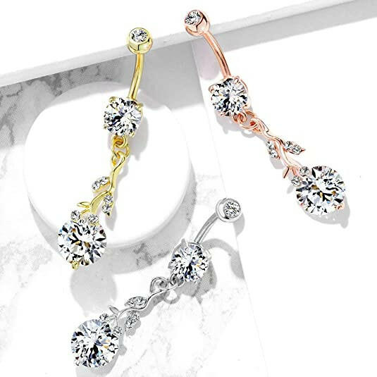 Surgical Steel Gemmed Leafs with Large Round CZ Dangle Belly Navel Ring Navel Ring Impulse Piercings