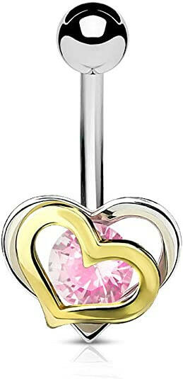 Surgical Steel Gold and Steel Two-Tone Double Heart with CZ Belly Navel Ring Navel Ring Impulse Piercings