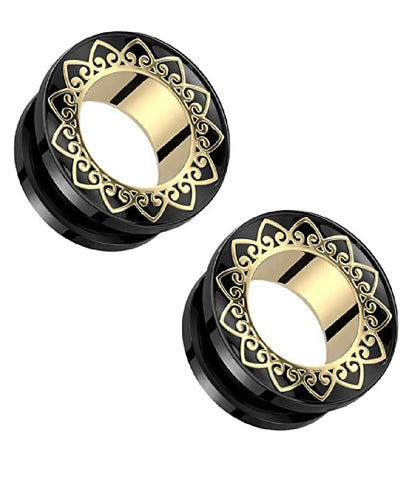 Surgical Steel Gold Filigree Rim and Tunnel Black Screw Fit Tunnel Plugs Impulse Piercings 0GA (8mm)