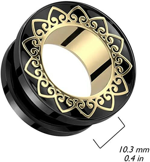 Surgical Steel Gold Filigree Rim and Tunnel Black Screw Fit Tunnel Plugs Impulse Piercings