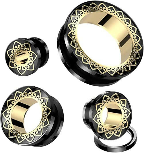 Surgical Steel Gold Filigree Rim and Tunnel Black Screw Fit Tunnel Plugs Impulse Piercings