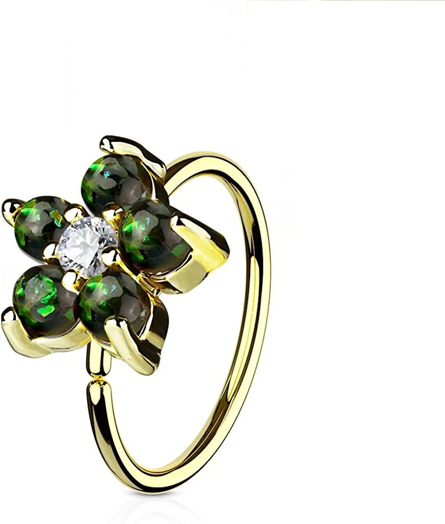 Surgical Steel Gold IP Plated Opal Glitter Flower Petals CZ Center Hoop Ring for Nose and Ear Cartilage Nose Ring, cartilage ring Impulse Piercings Dark Green