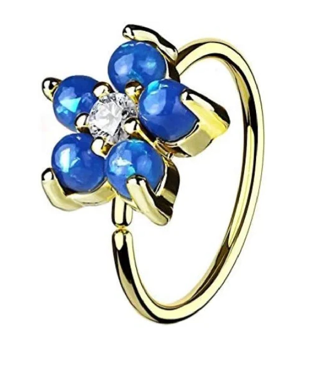 Surgical Steel Gold IP Plated Opal Glitter Flower Petals CZ Center Hoop Ring for Nose and Ear Cartilage Nose Ring, cartilage ring Impulse Piercings Blue