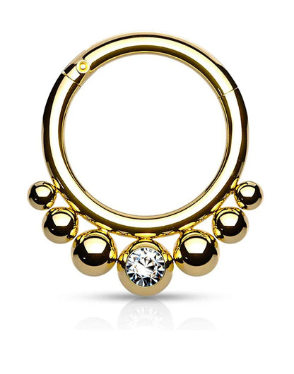 Surgical Steel Graduated Balls and Bezel Crystal Center Hinged Segment Hoop Ring Nose Ring Impulse Piercings Gold