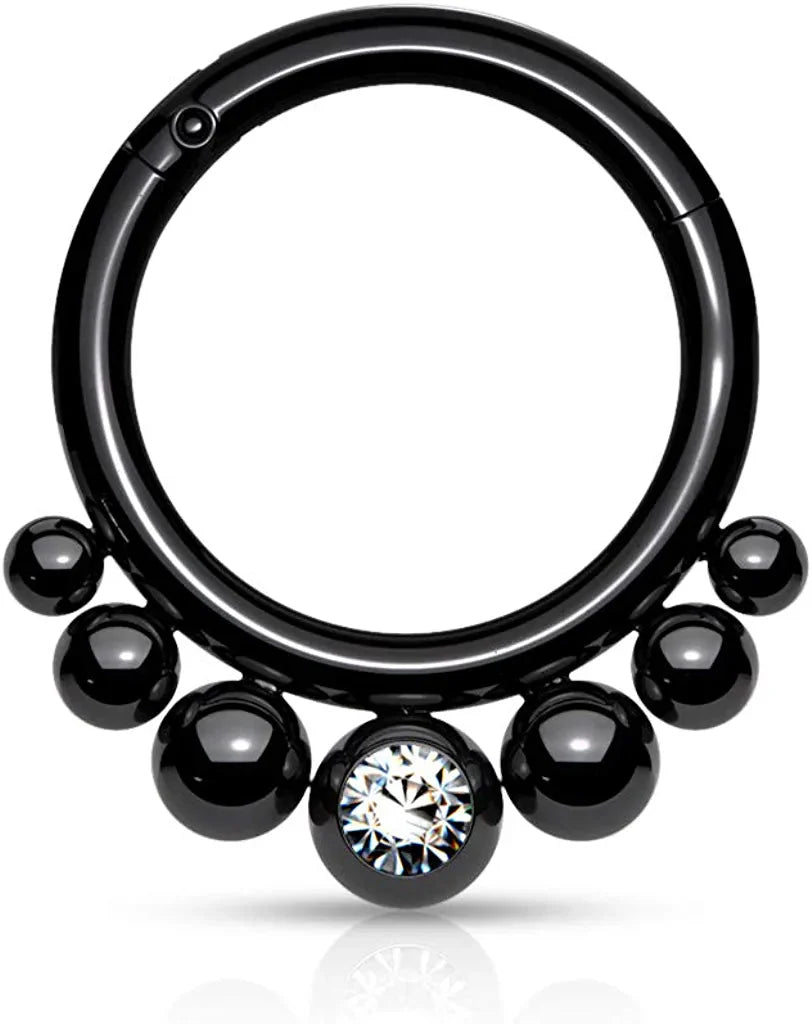 Surgical Steel Graduated Balls and Bezel Crystal Center Hinged Segment Hoop Ring Nose Ring Impulse Piercings Black