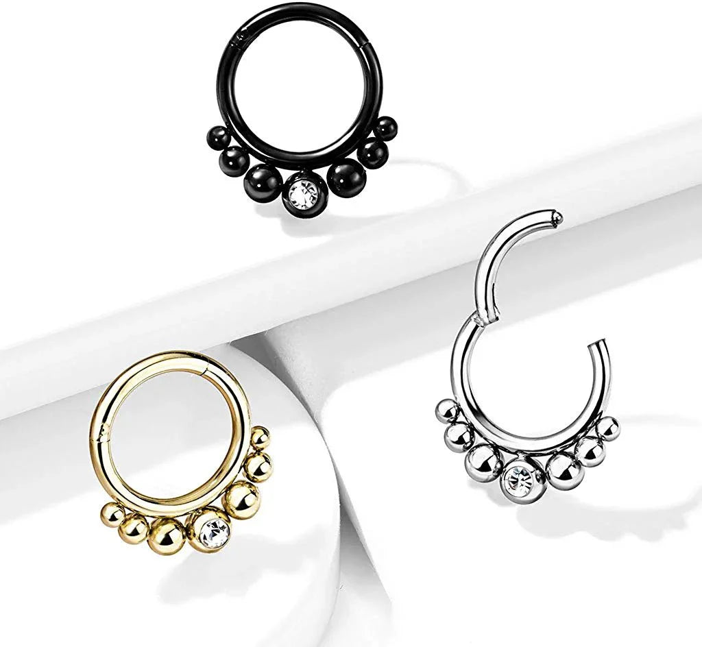 Surgical Steel Graduated Balls and Bezel Crystal Center Hinged Segment Hoop Ring Nose Ring Impulse Piercings