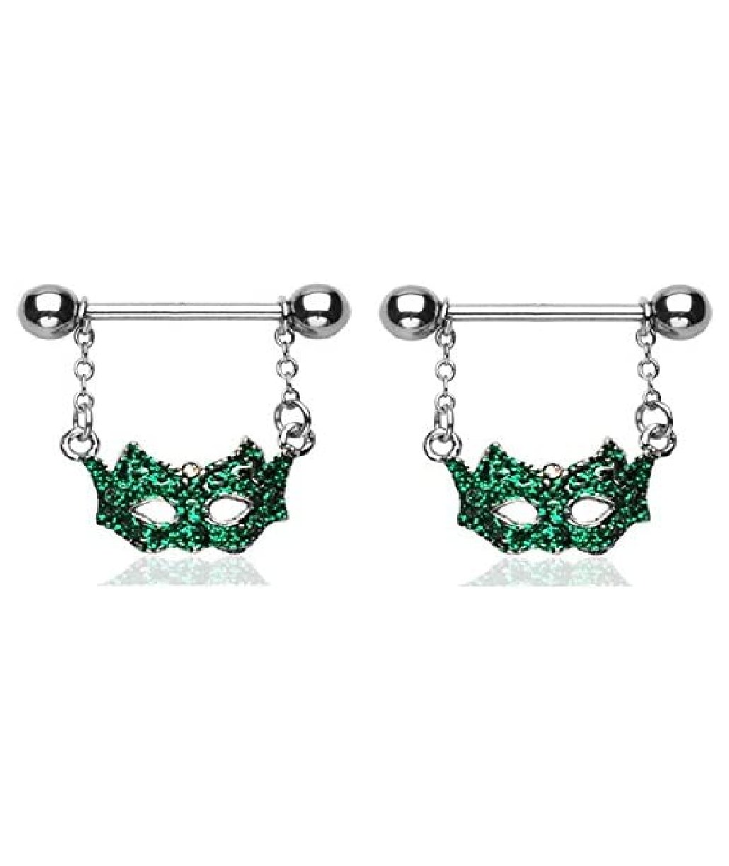 Surgical Steel Green Masquerade Ball Mask Dangle Nipple Shield Rings Nipple Ring Impulse Piercings