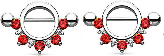 Surgical Steel Half Circle CZ Lined Nipple Shield Rings Nipple Ring Impulse Piercings Red