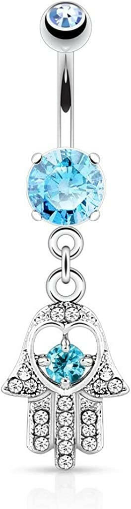 Surgical Steel Hamsa with Colored CZ and Gem Paved Dangle Belly Navel Ring Navel Ring Impulse Piercings Aqua